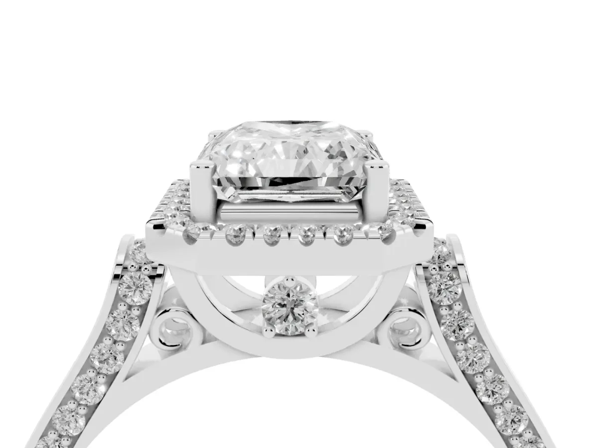 Radiant Cut Halo Round Diamond Twist Band with Four-Prong Setting Silver