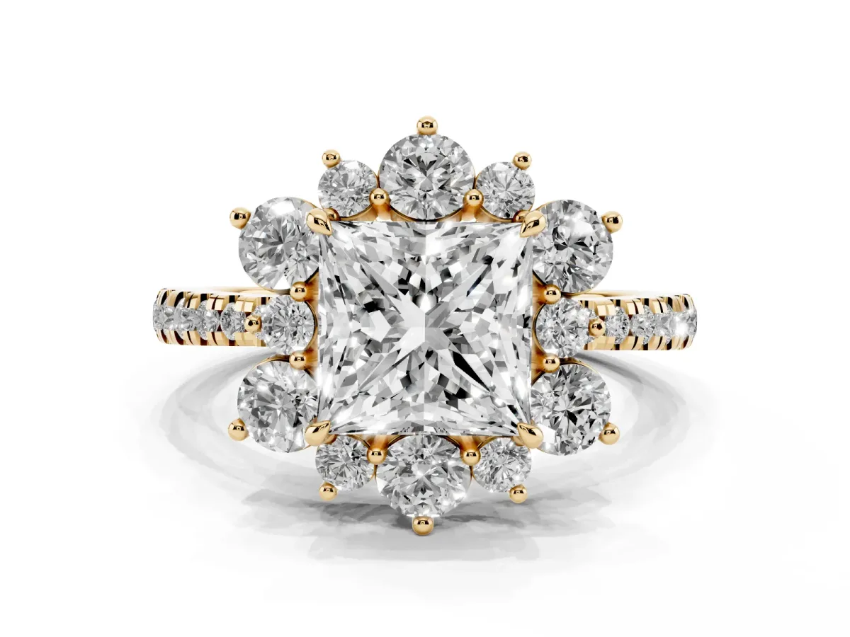 Princess Cut Diamond Floral Halo Ring with Round Pavé Band and Prong Setting Yellow gold