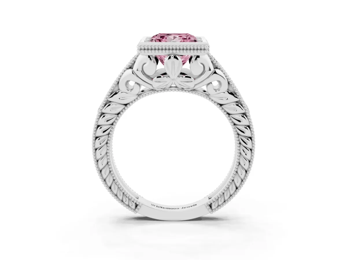 Fancy Pink Bezel Set Princess Cut Diamond Milgrain Pave Engagement Ring Platinum