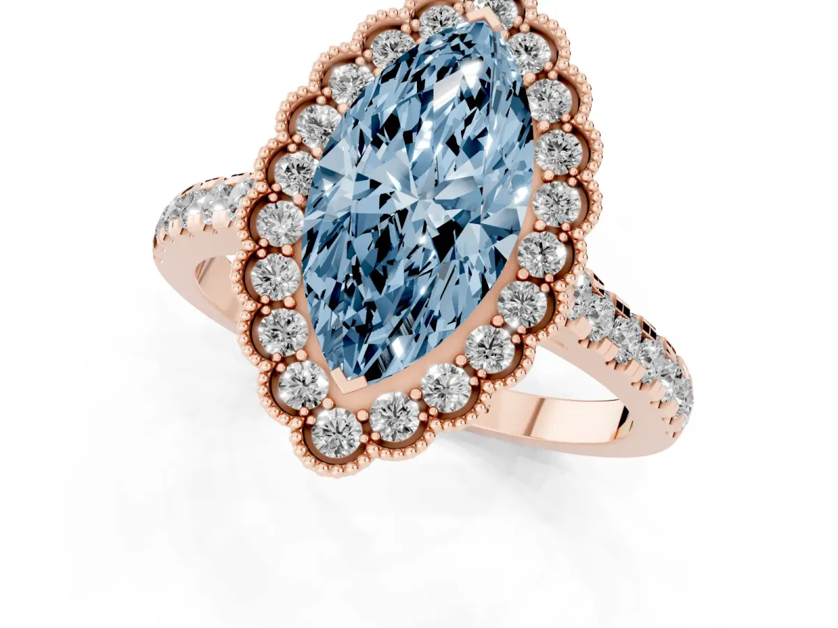 Fancy Blue Marquise Cut Cut Diamond Milgrain Floral Halo Engagement Ring with Pavé Band Rose gold