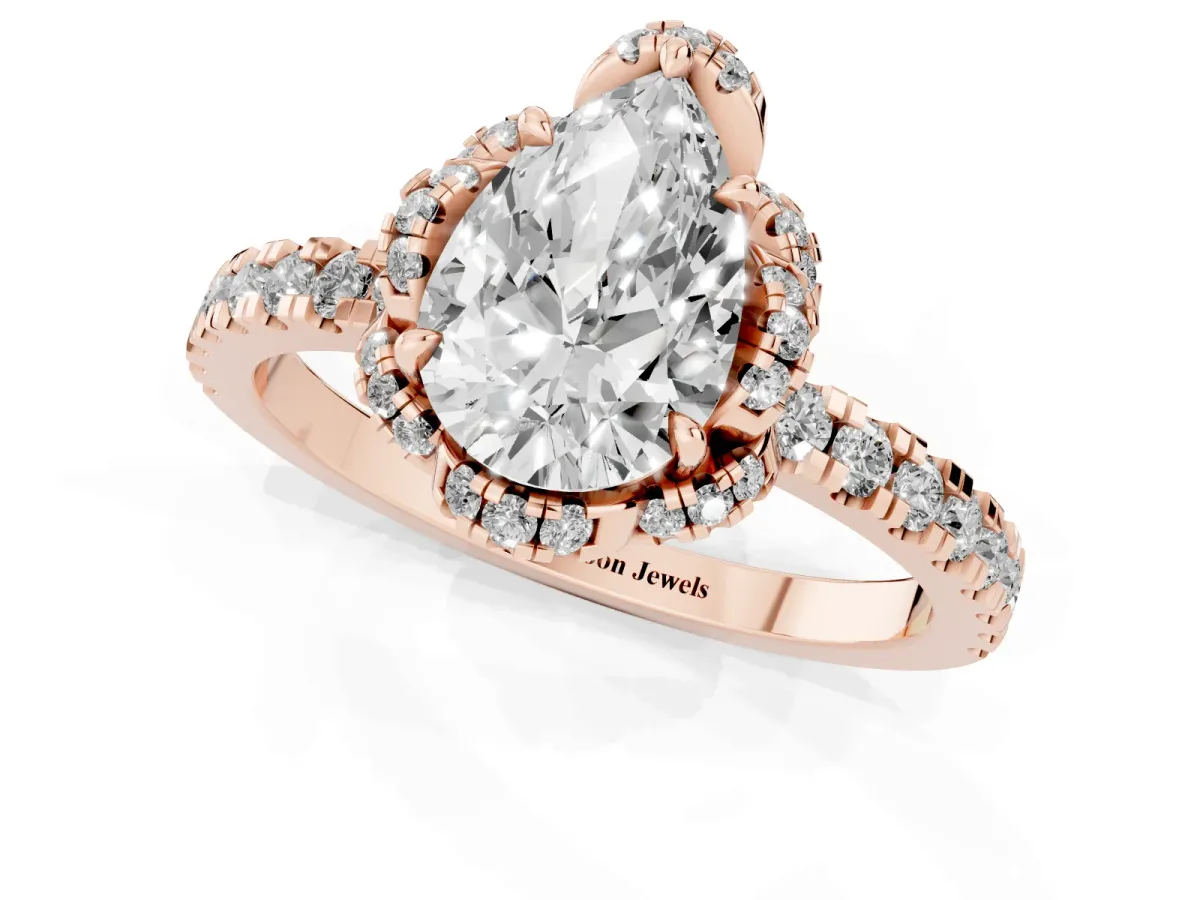 Pear Cut Halo Diamond Pave Band Ring with Four-Prong Setting Rose gold