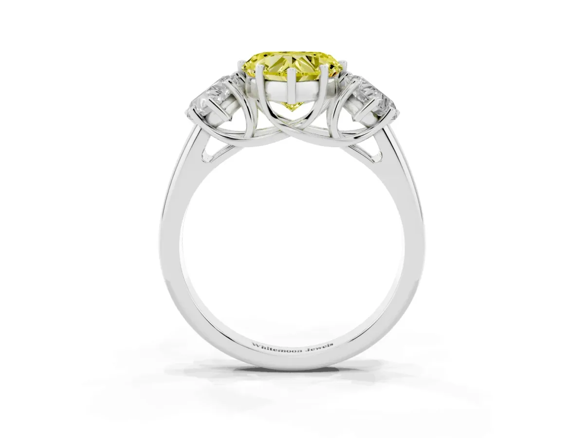 Fancy Yellow Three-Stone Heart Cut Diamond Engagement Ring with Prong Setting Platinum