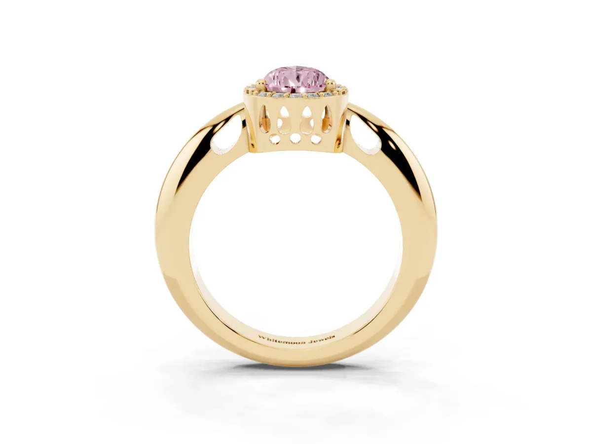 Fancy Pink Pear Cut Cut Diamond Halo Engagement Ring with Split Shank and Four-Prong Setting Yellow gold