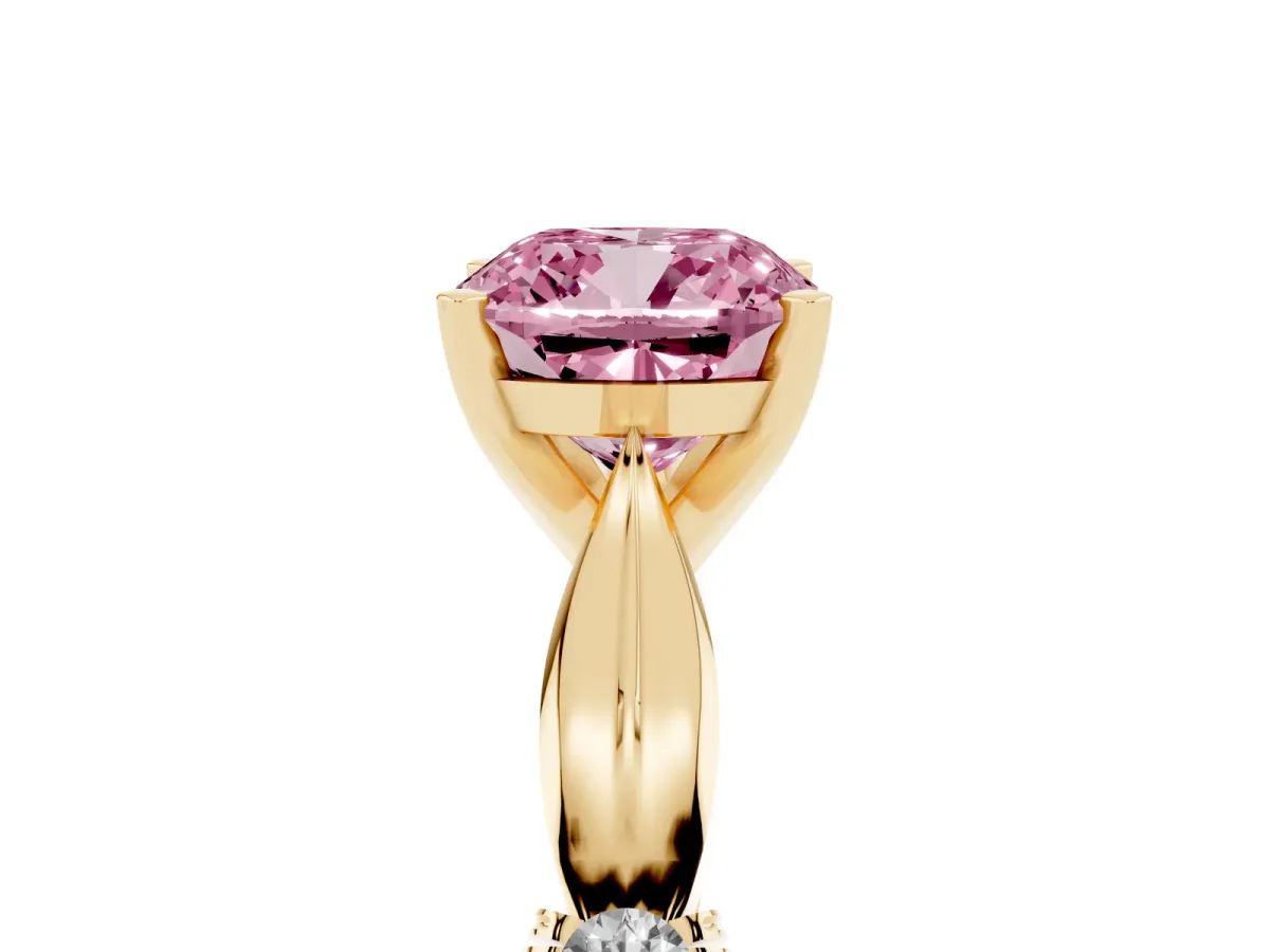 Fancy Pink Cushion Cut Solitaire Diamond Twisted Band with Four-Prong Setting Yellow gold