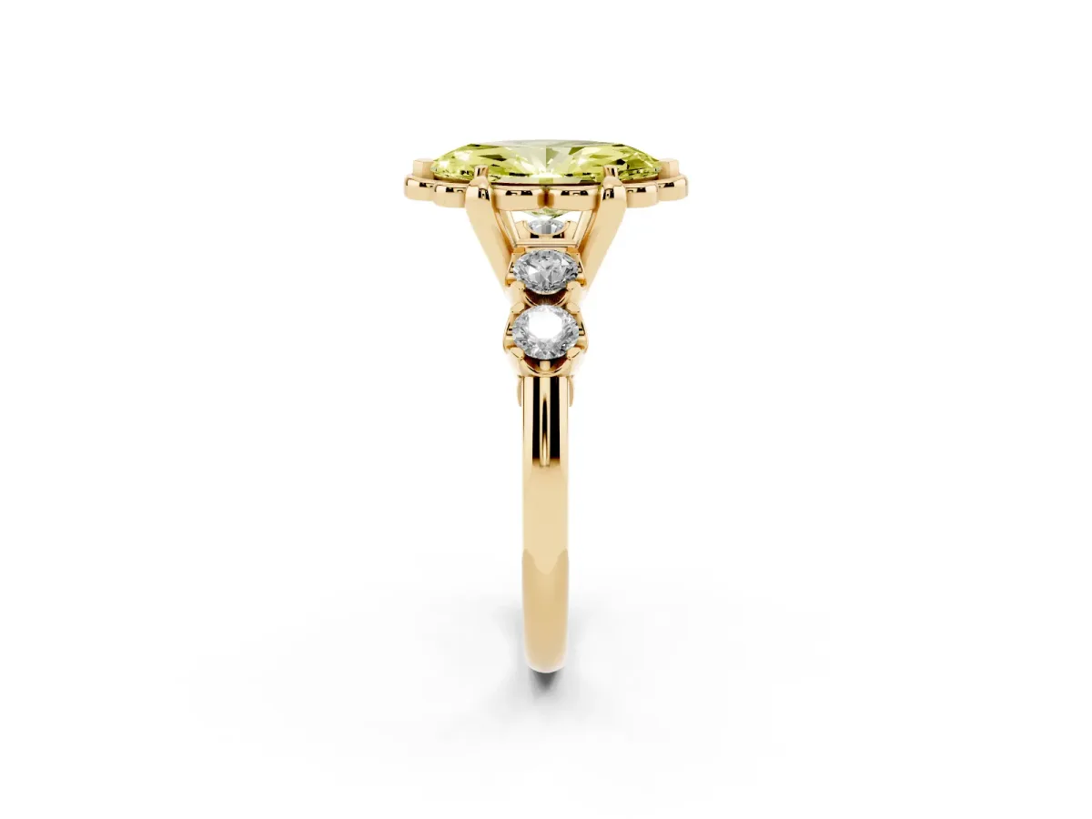 Fancy Yellow Marquise Cut Cut Diamond Floral Halo Engagement Ring with Shared Prong Setting Yellow gold