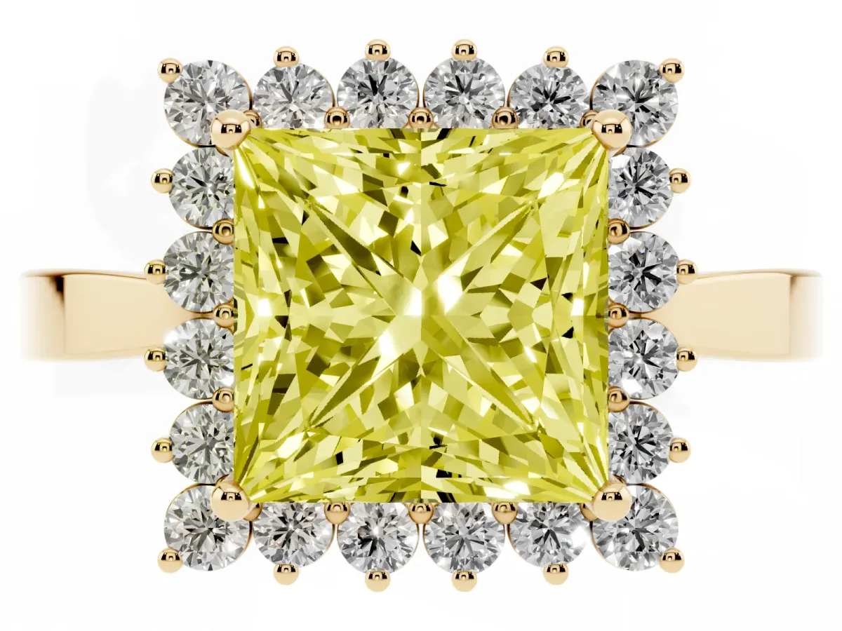 Fancy Yellow Princess Cut Cut Diamond Halo Ring with Round Brilliant Halo and Solitaire Band Yellow gold