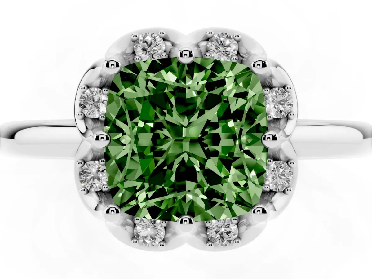 Fancy Green Cushion Cut Halo Diamond Ring with Round Cluster Setting, Solitaire Band, and Four-Prong Setting Silver