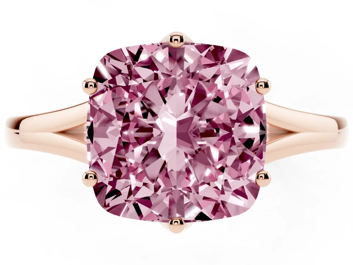 Fancy Pink Cushion Cut Solitaire Diamond Ring with Six-Prong Setting and Tapered Band Rose gold