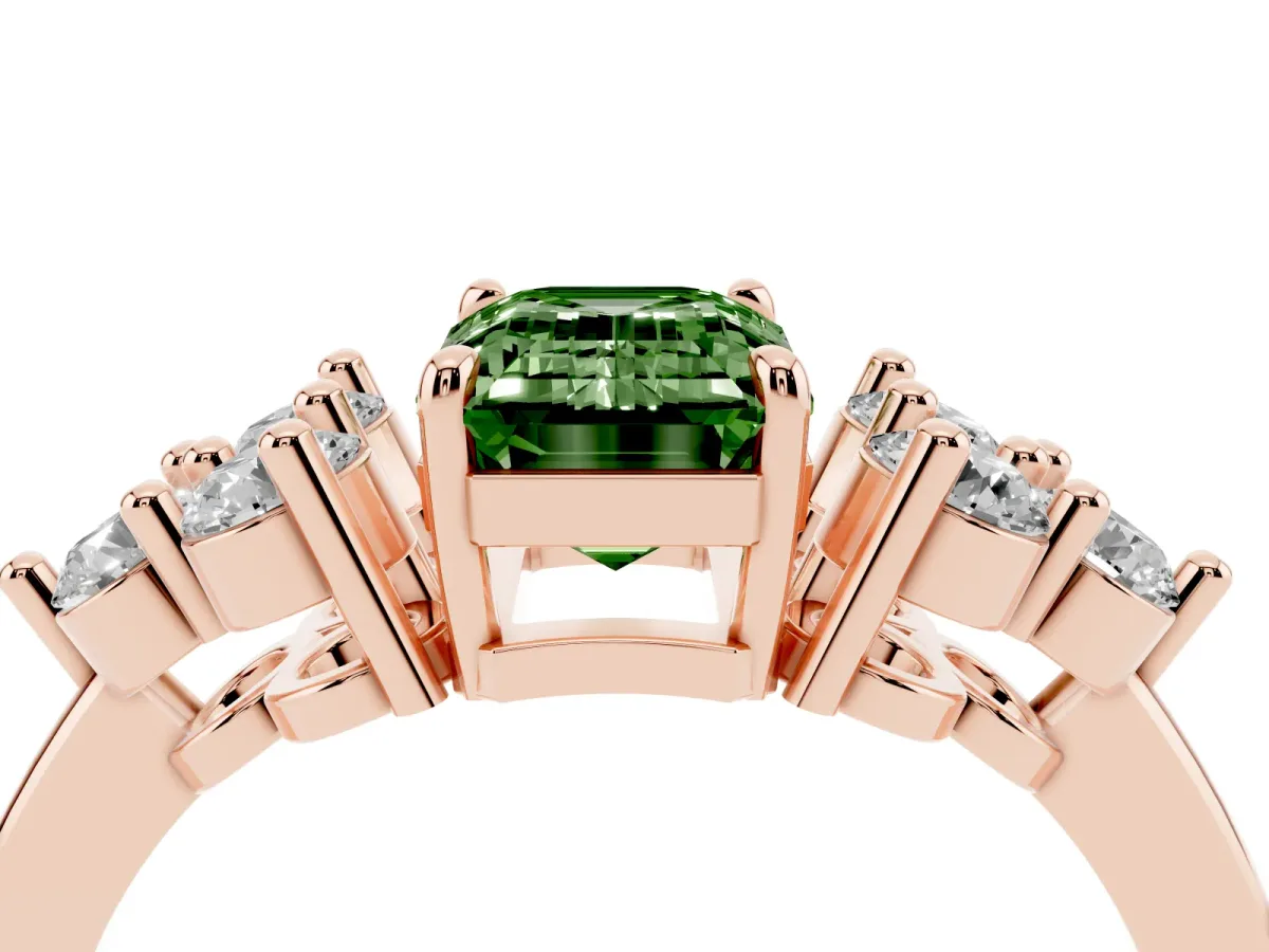 Fancy Green Emerald Cut Brilliant Diamond Cluster Accent Solitaire Ring with Prong Setting Rose gold