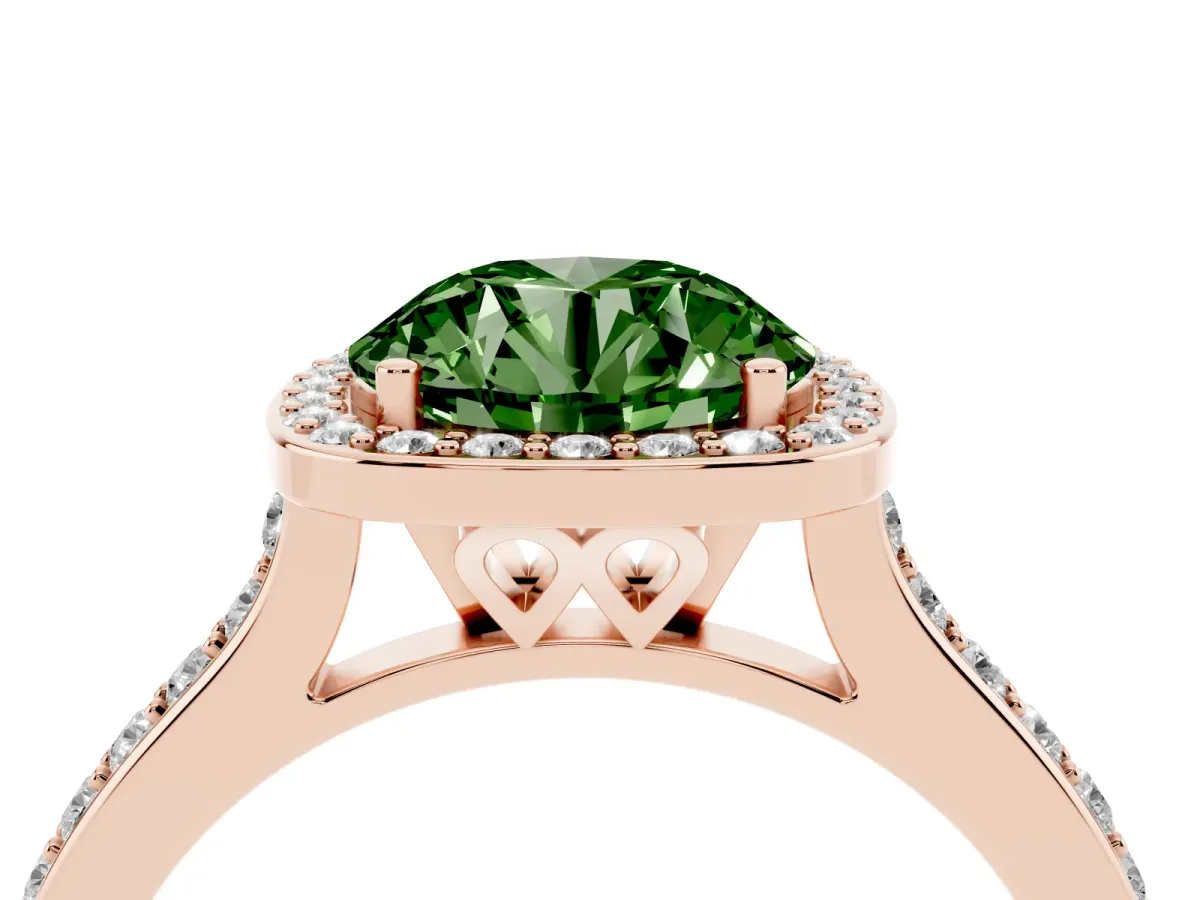 Fancy Green Round Cut Diamond Halo Engagement Ring with Round Pavé Shoulders and Prong Setting Rose gold