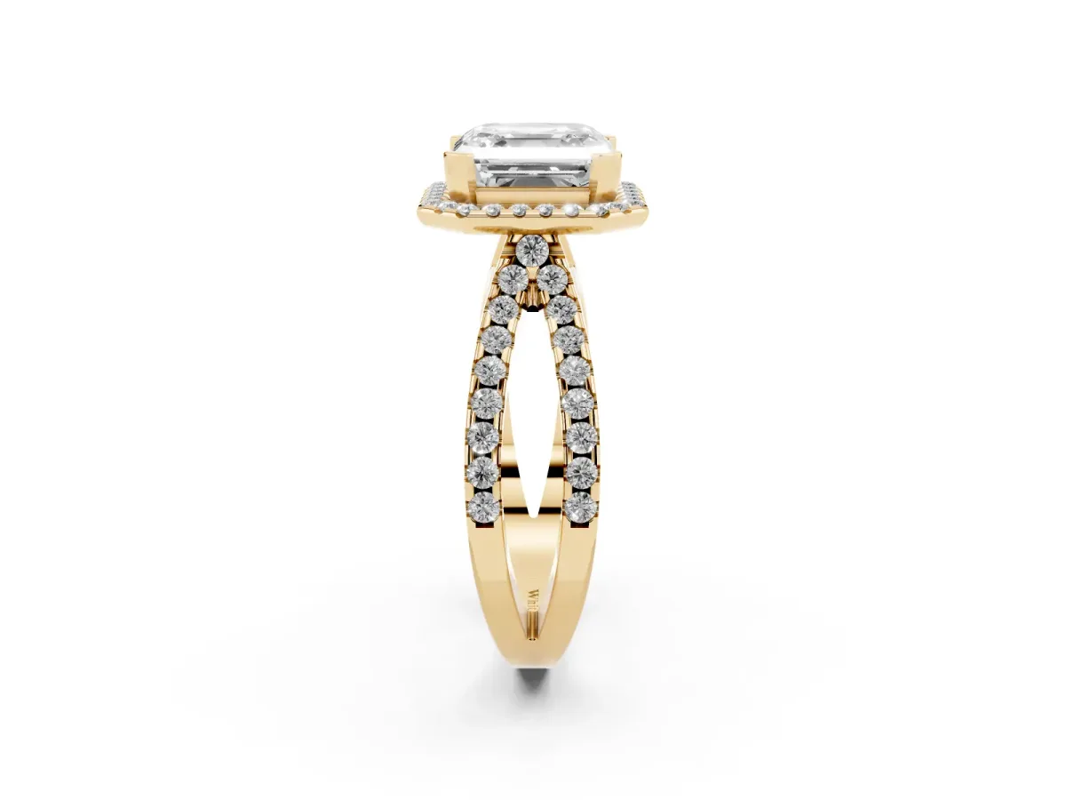 Asscher Cut Diamond Halo Ring with Split Shank Pavé Band and Prong Setting Yellow gold
