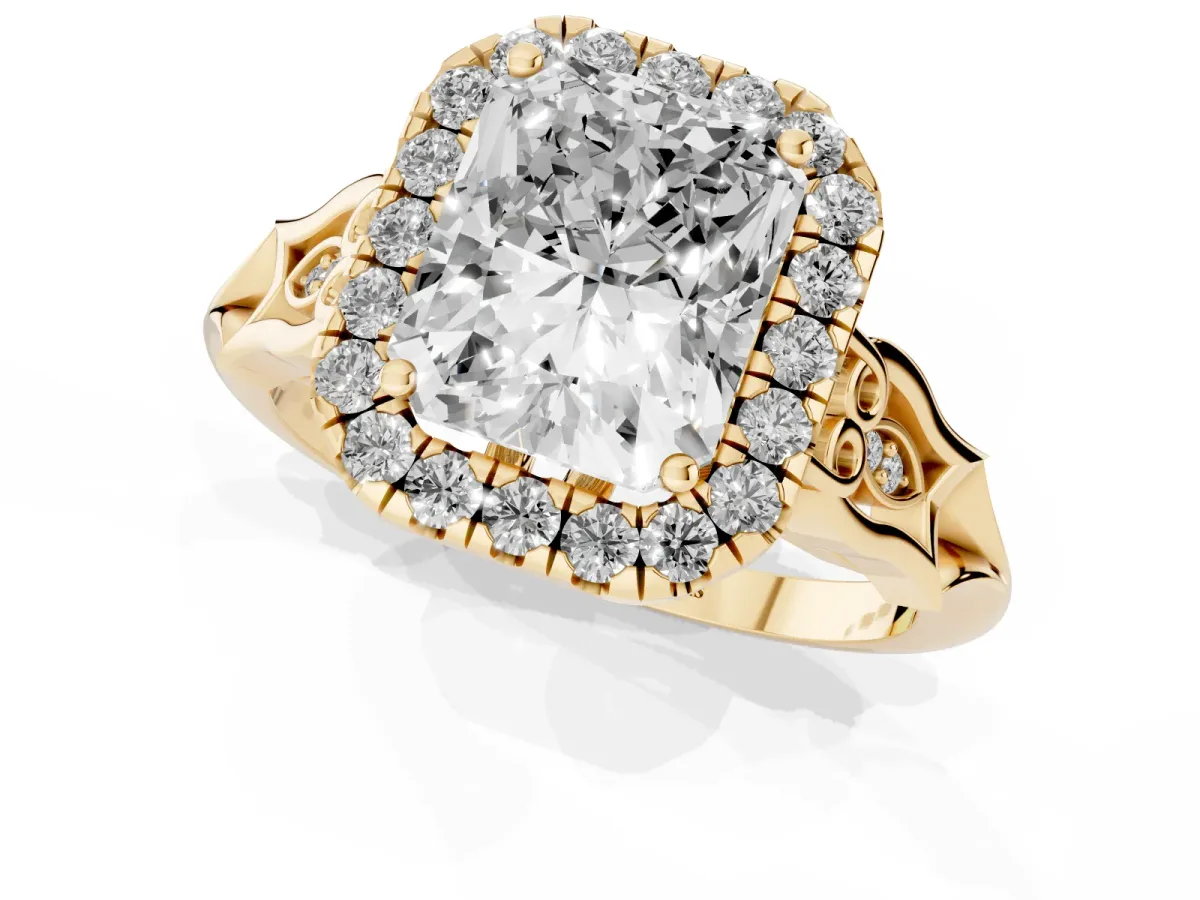 Radiant Cut Halo Diamond Engagement Ring with Filigree Band and Four-Prong Setting Yellow gold