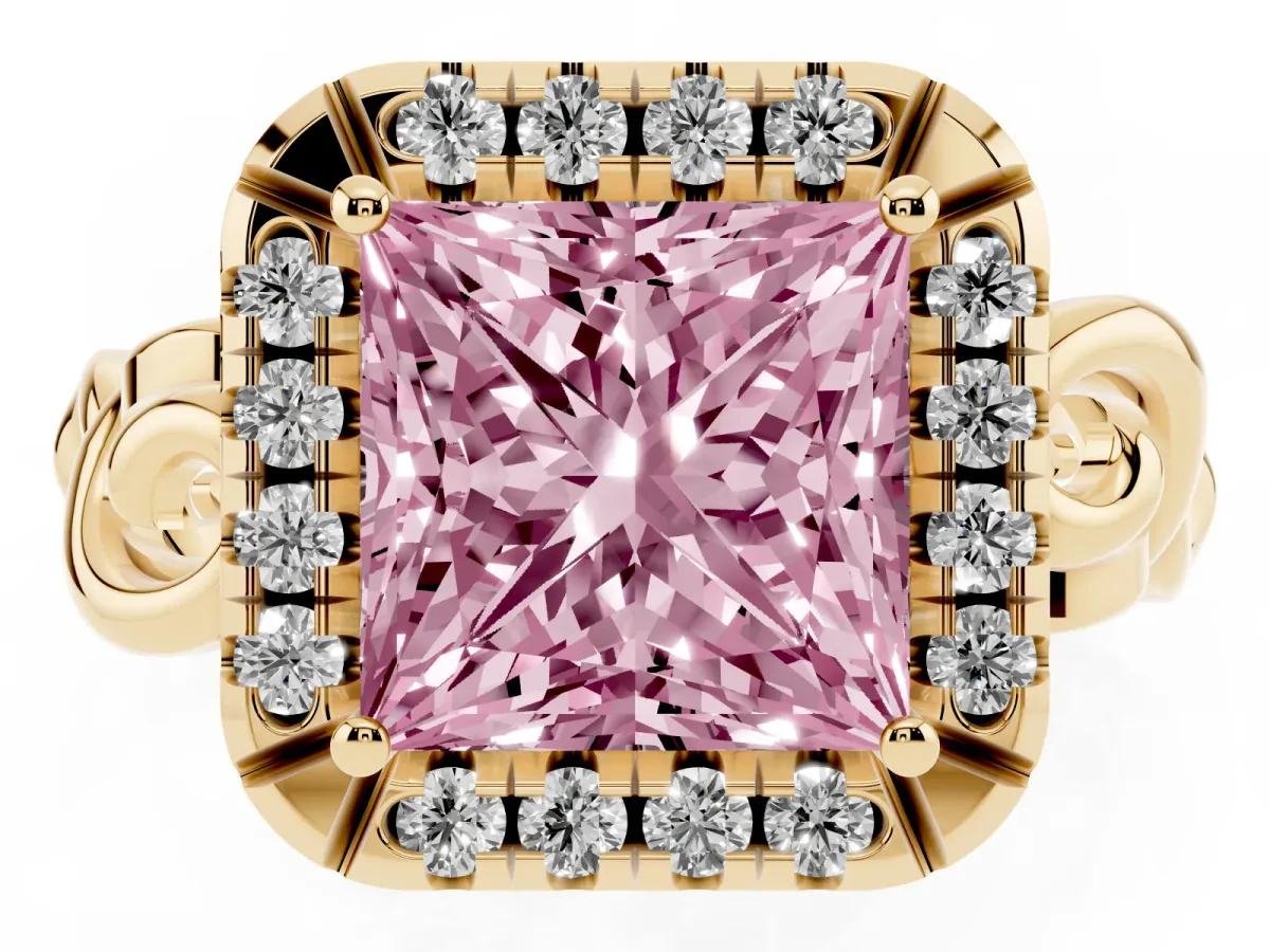 Fancy Pink Princess Cut Cut Halo Diamond Ring with Scrollwork Band and Four-Prong Setting Yellow gold