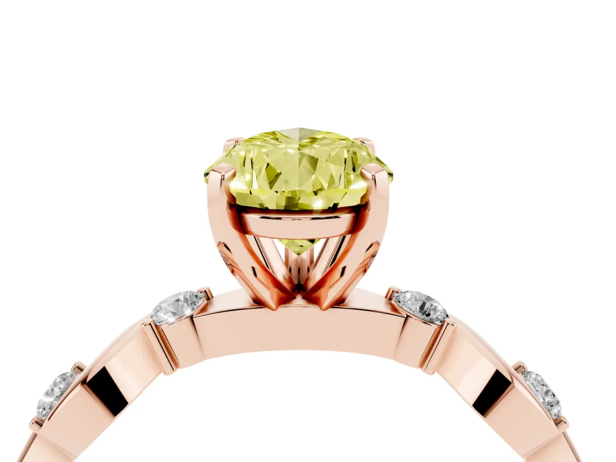 Fancy Yellow Pear Cut Diamond Solitaire Twisted Band with Round Accents and Prong Setting Rose gold
