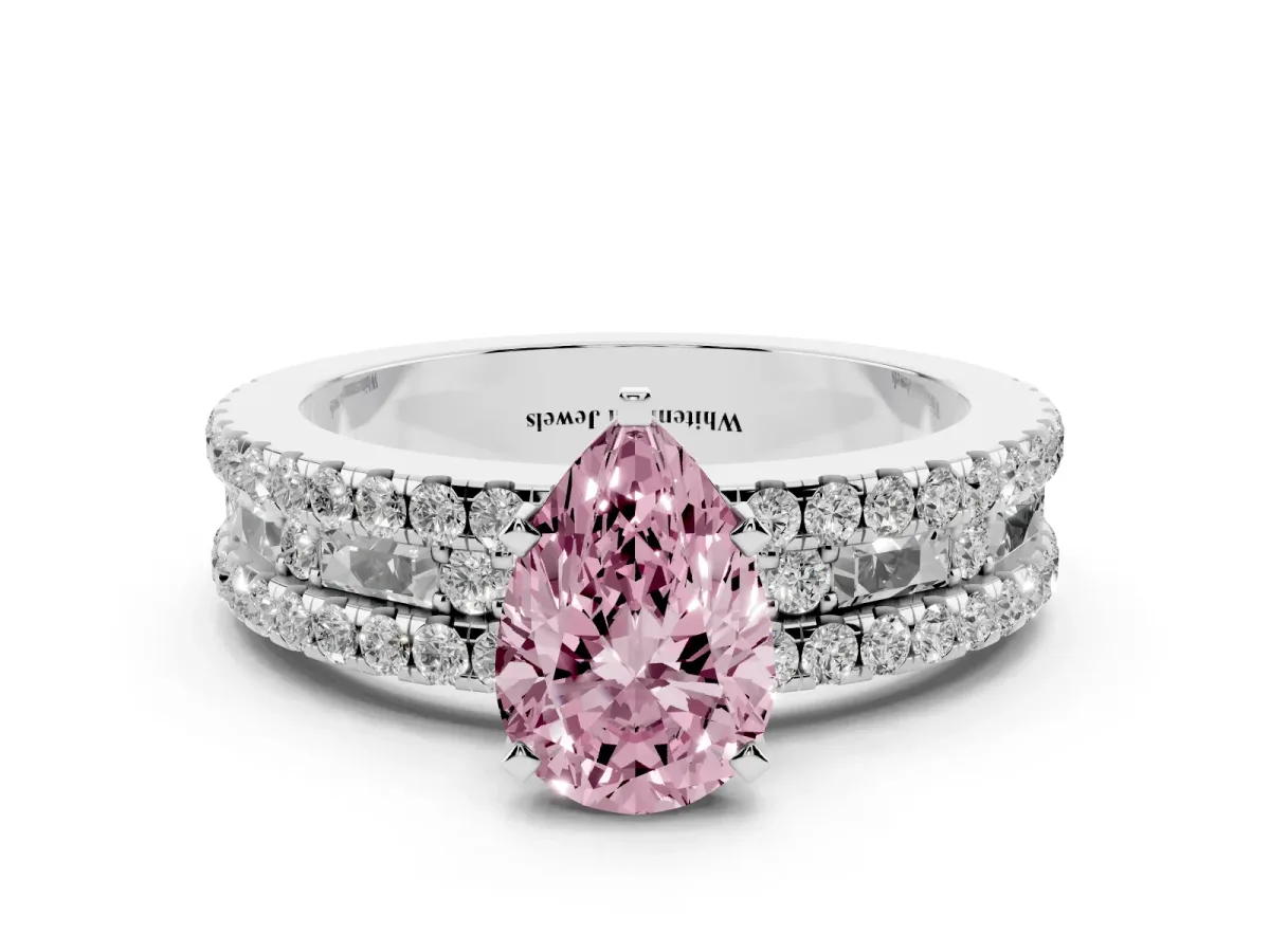 Fancy Pink Pear Cut Diamond Solitaire Ring with Pavé and Channel Set Band Silver