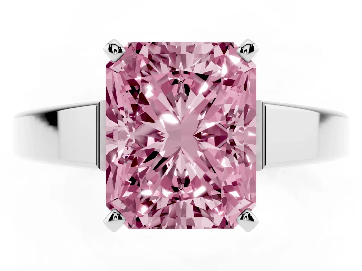 Fancy Pink Radiant Cut Solitaire Engagement Ring with Four-Prong Setting and Tapered Band Silver