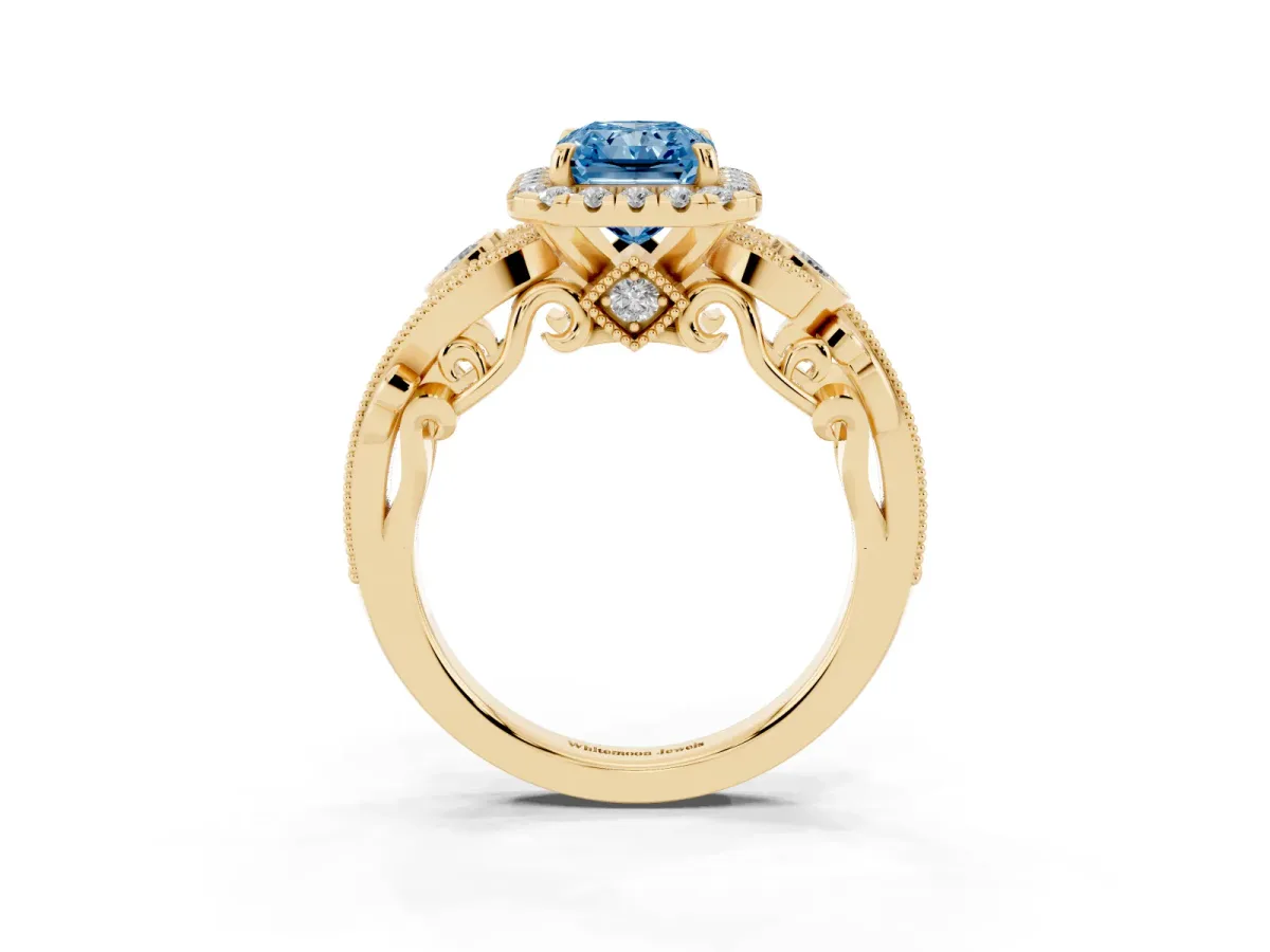 Fancy Blue Radiant Cut Diamond Halo Ring with Milgrain Pavé Band and Four-Prong Setting Yellow gold