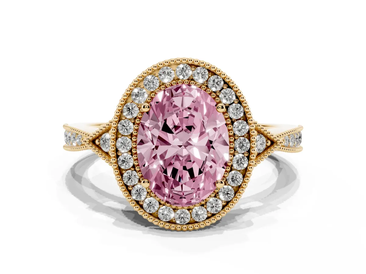 Fancy Pink Oval Cut Halo Round Diamond Milgrain Pave Engagement Ring Yellow gold