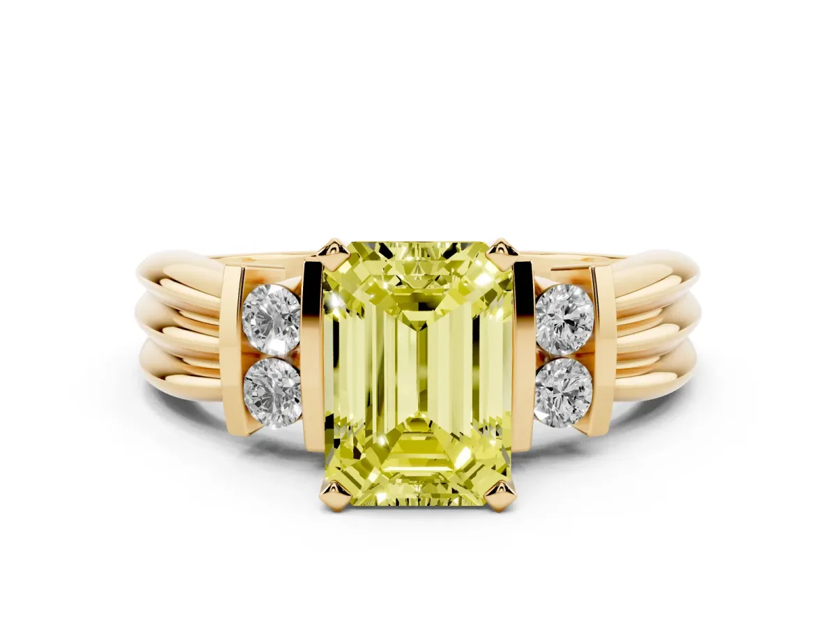 Fancy Yellow Emerald Cut Cut Three-Stone Channel Set Ring with Bar Prongs Yellow gold