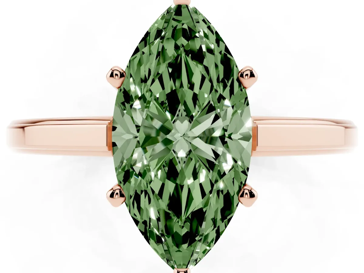 Fancy Green Marquise Cut Solitaire Diamond Ring with Four-Prong Setting and Classic Band Rose gold