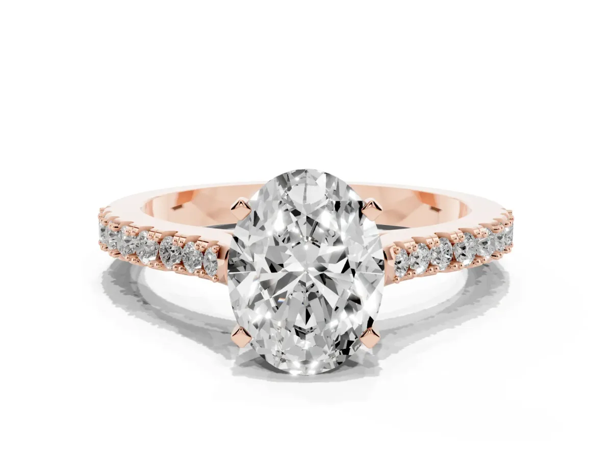 Oval Cut Cut Solitaire Diamond Engagement Ring with Pave Band and Four-Prong Setting Rose gold