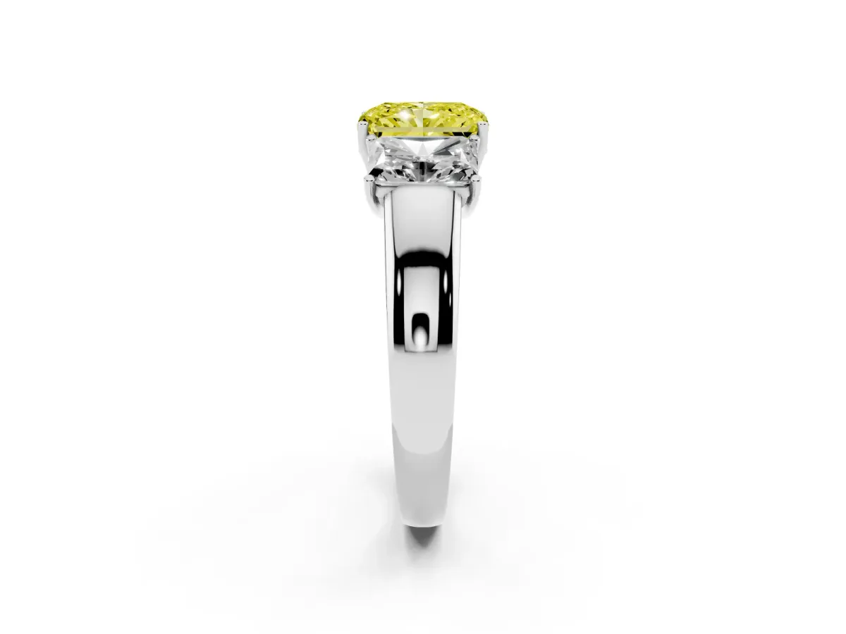 Fancy Yellow Three-Stone Radiant Cut Cut Diamond Ring with Prong Setting and Classic Band Silver