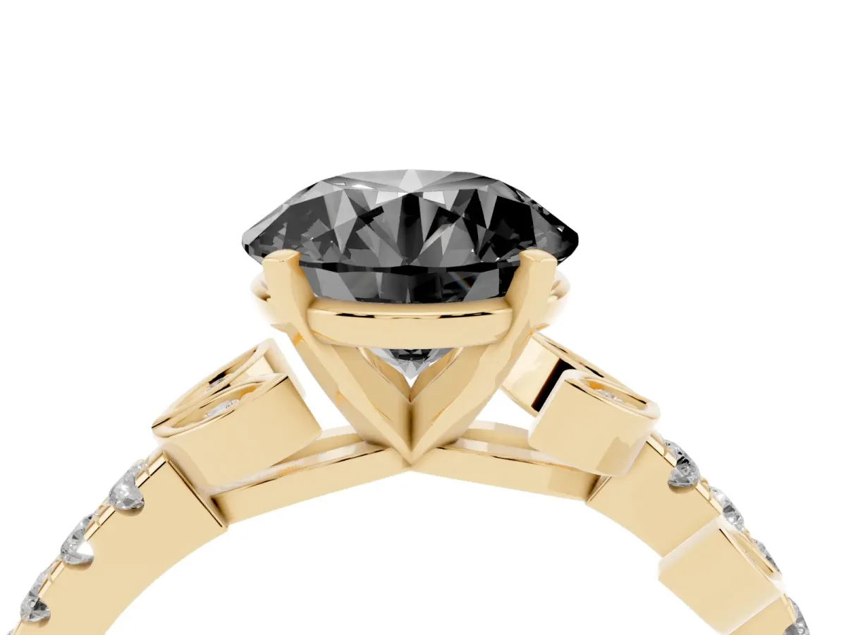 Fancy Black Round Cut Solitaire Leaf-Inspired Diamond Ring with Pavé Band and Four-Prong Setting Yellow gold