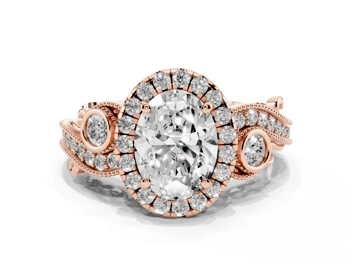 Oval Cut Halo Diamond Ring with Milgrain and Bezel Accents on a Split Shank Band Rose gold