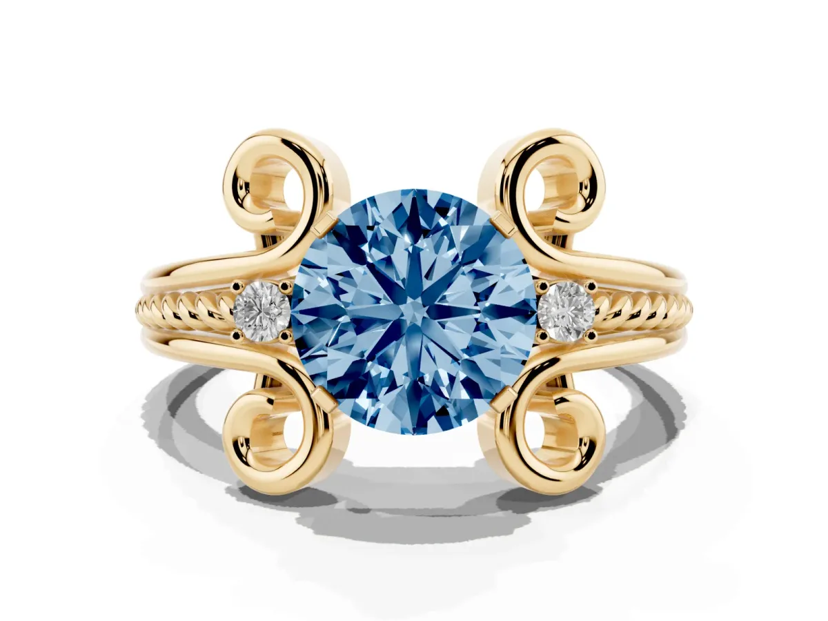 Fancy Blue Round Cut Solitaire Twisted Band Scroll Prong Ring Yellow gold