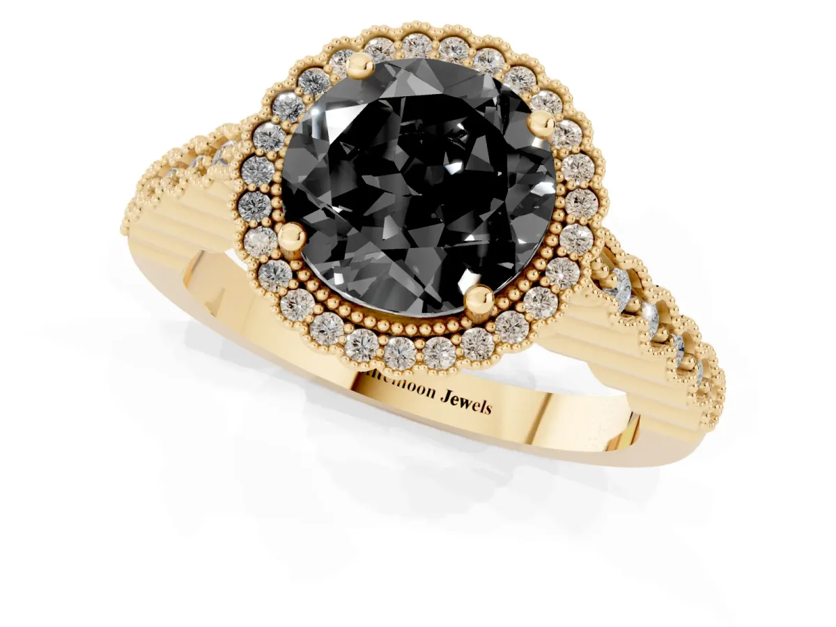 Fancy Black Round Cut Cut Halo Pavé Solitaire Ring with Milgrain Band Yellow gold