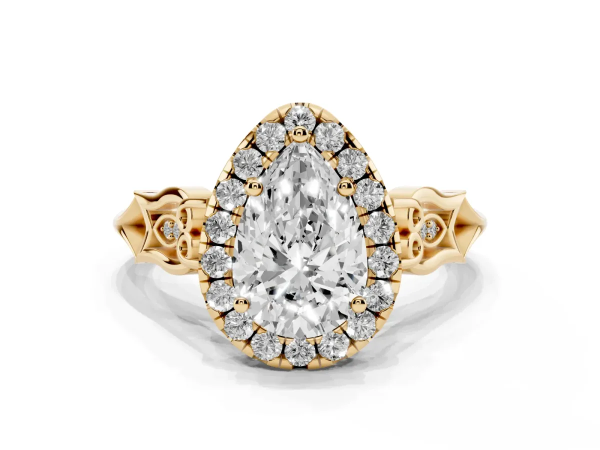 Pear Cut Halo Diamond Engagement Ring with Filigree Band and Four-Prong Setting Yellow gold