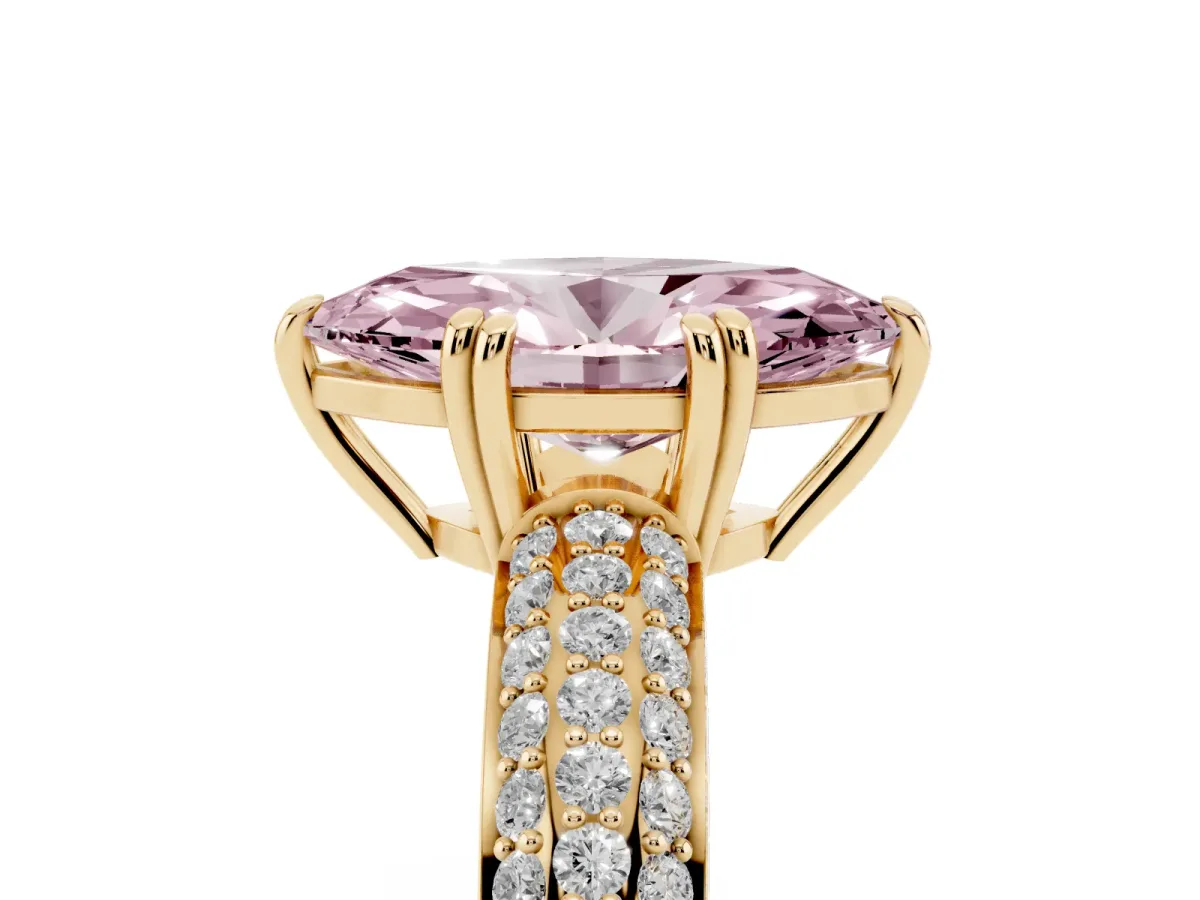 Fancy Pink Marquise Cut Diamond Solitaire Ring with Multi-Row Round Pavé Band and Prong Setting Yellow gold
