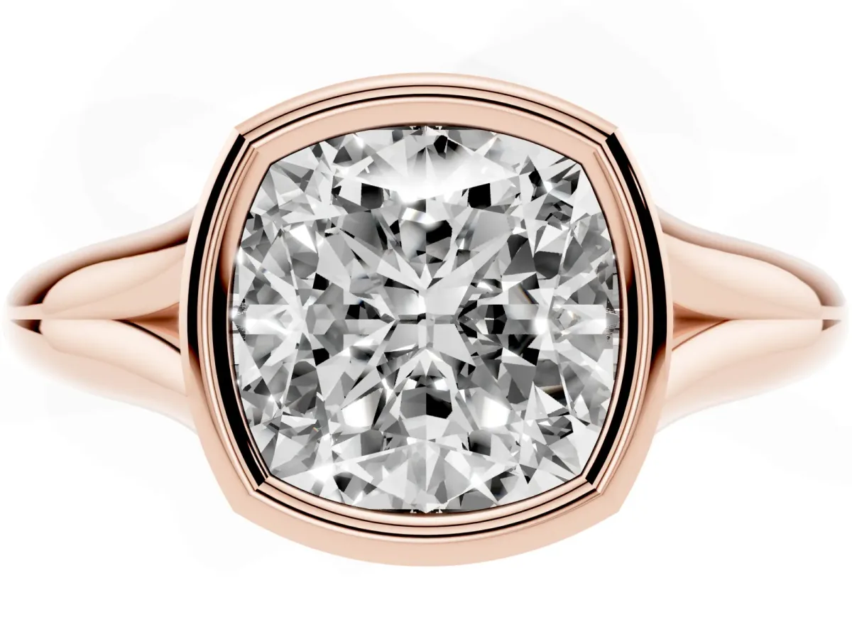 Bezel Set Cushion Cut Solitaire Diamond Ring with Smooth Band Rose gold