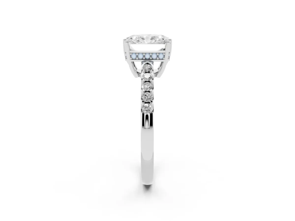 Radiant Cut Solitaire Diamond Engagement Ring with Pavé Band and Six-Prong Setting Silver