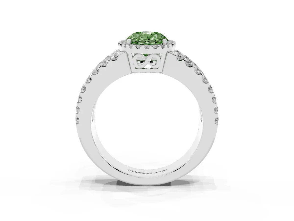 Fancy Green Oval Cut Cut Halo Split Shank Diamond Ring with Four-Prong Setting Platinum