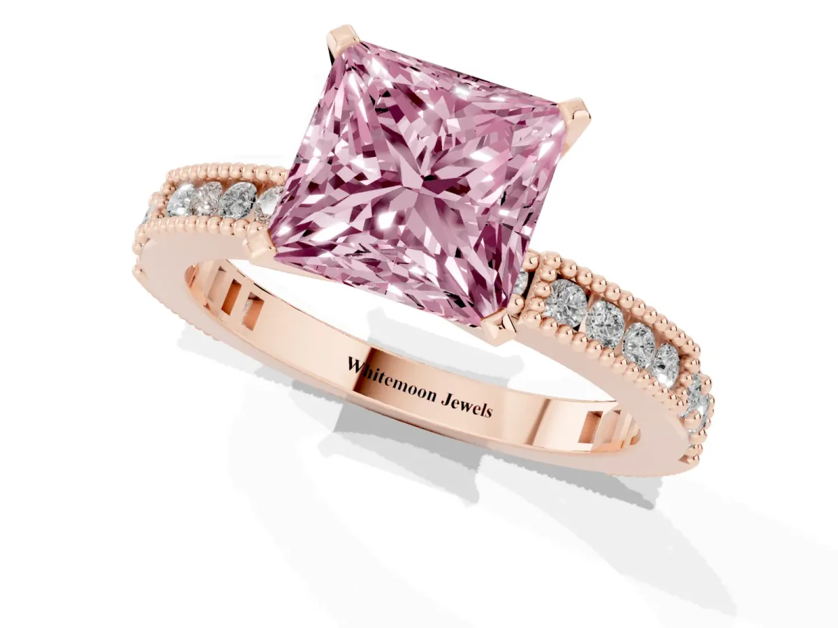Fancy Pink Princess Cut Solitaire with Pavé Band and Four-Prong Setting Rose gold