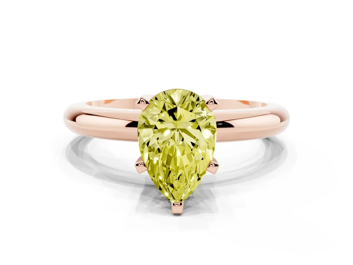Fancy Yellow Pear Cut Diamond Solitaire Engagement Ring with Round Band and Four-Prong Setting Rose gold