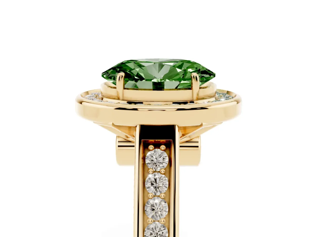Fancy Green Oval Cut Halo Solitaire Diamond Ring with Pave Band and Bezel Setting Yellow gold