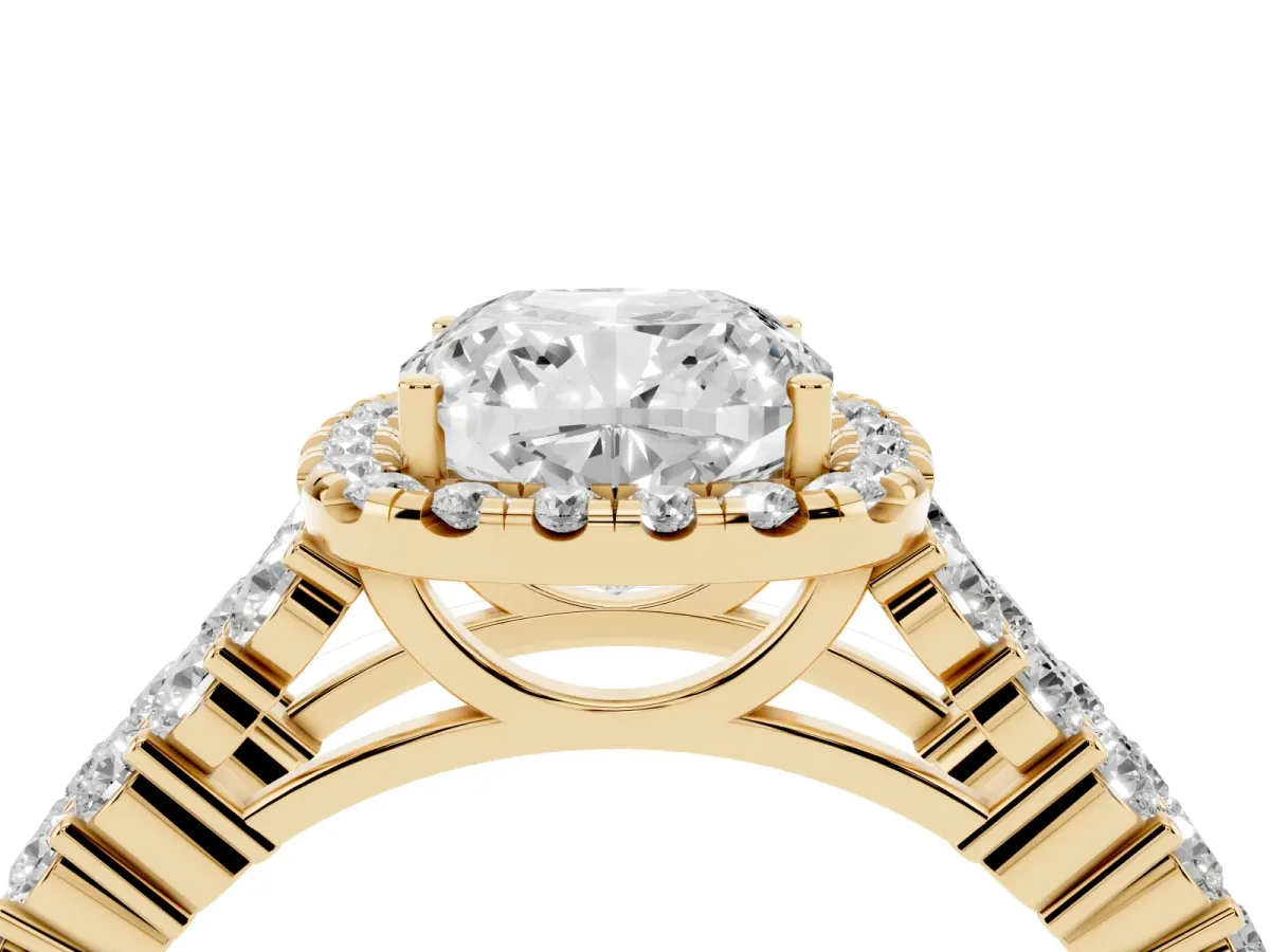 Cushion Cut Diamond Halo Engagement Ring with Triple Row Round Pavé Band and Prong Setting Yellow gold