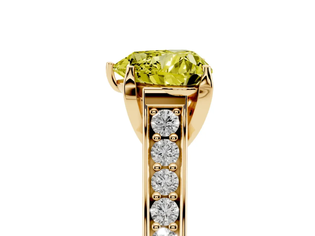 Fancy Yellow Heart Cut Brilliant Cut Diamond Engagement Ring with Pavé Band and Four-Prong Setting Yellow gold