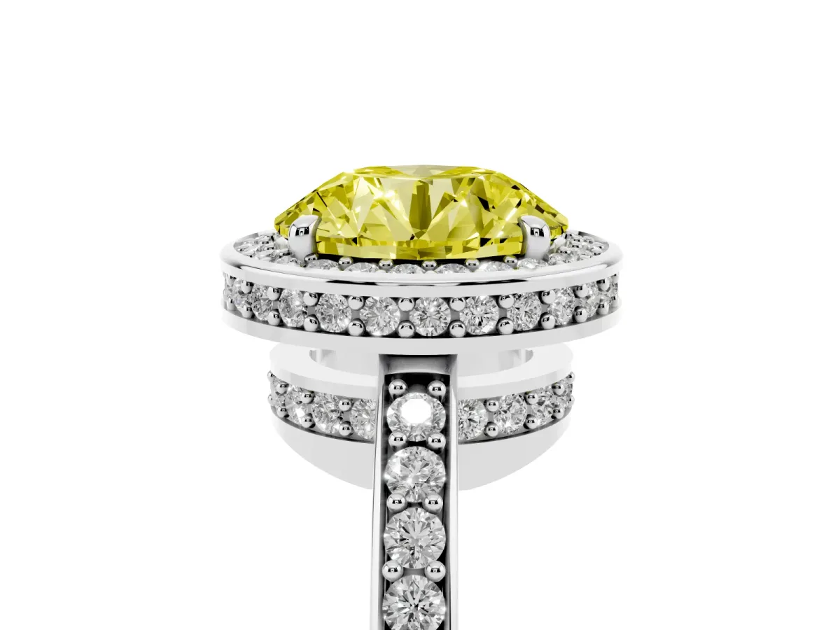 Fancy Yellow Round Cut Halo Pave Band Solitaire Ring with Prong Setting Silver