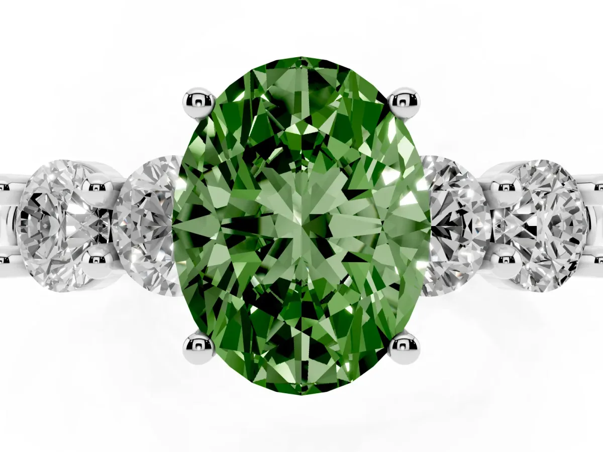 Fancy Green Oval Cut Cut Five-Stone Prong Set Diamond Ring with Classic Band Platinum