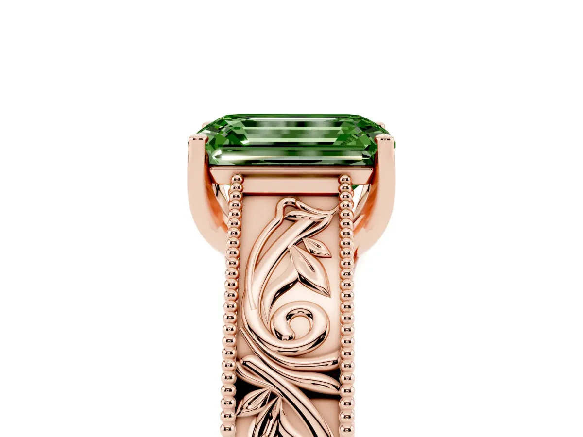 Fancy Green Emerald Cut Diamond Solitaire Ring with Engraved Band and Four-Prong Setting Rose gold