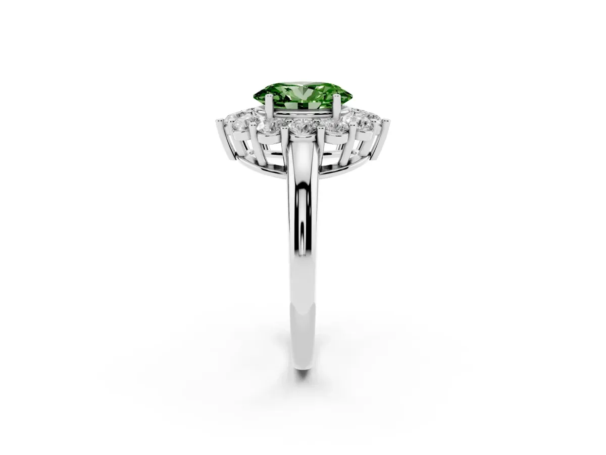 Fancy Green Oval Cut Halo Cluster Diamond Engagement Ring with Prong Setting and Polished Band Platinum