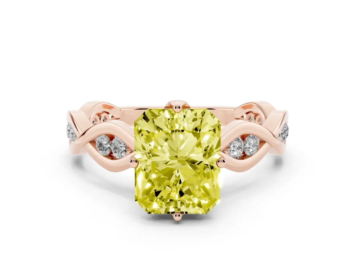 Fancy Yellow Radiant Cut Solitaire Twist Band with Leaf Prong Setting Rose gold