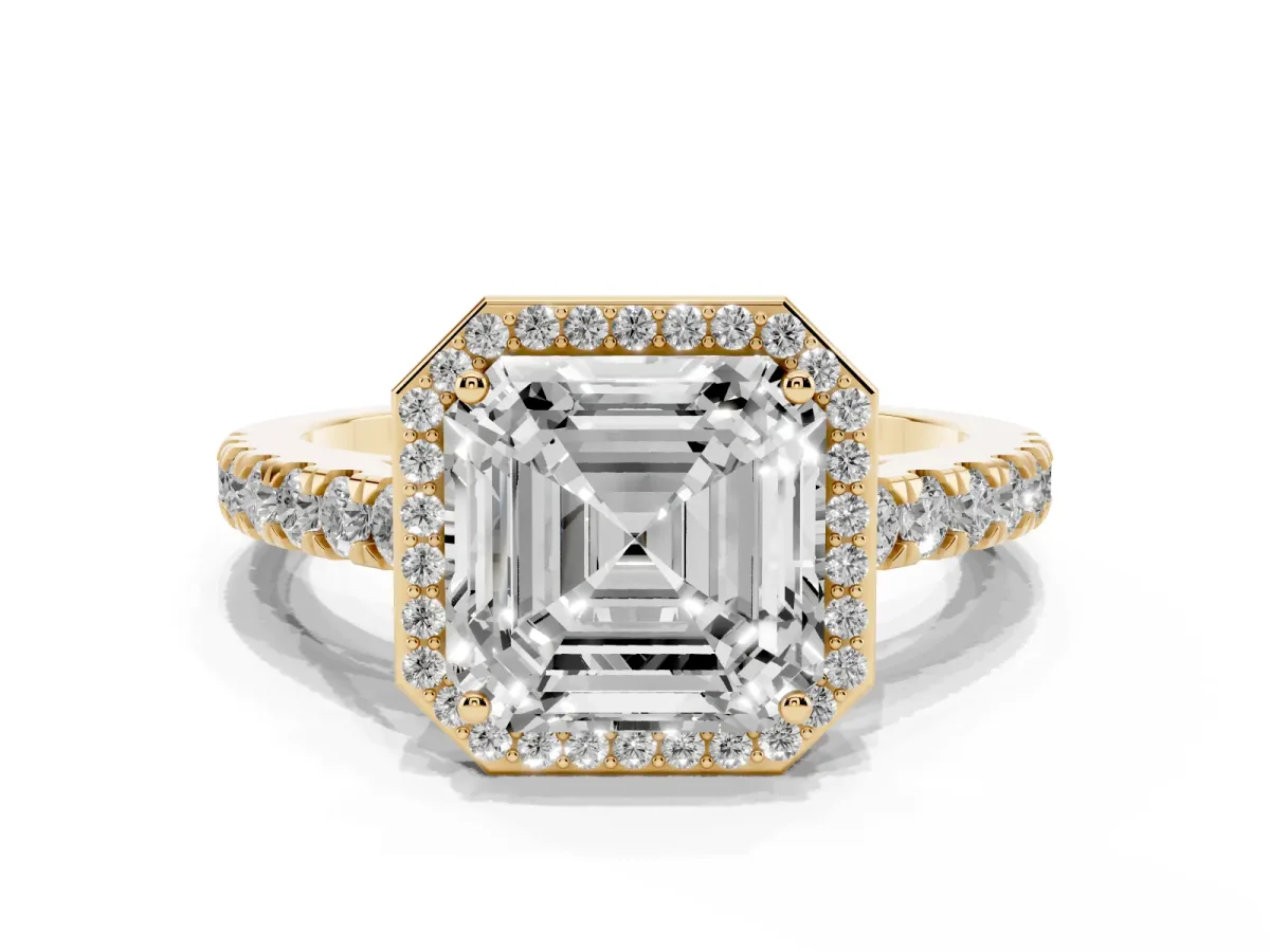 Asscher Cut Cut Halo Diamond Engagement Ring with Pave Band and Four-Prong Setting Yellow gold