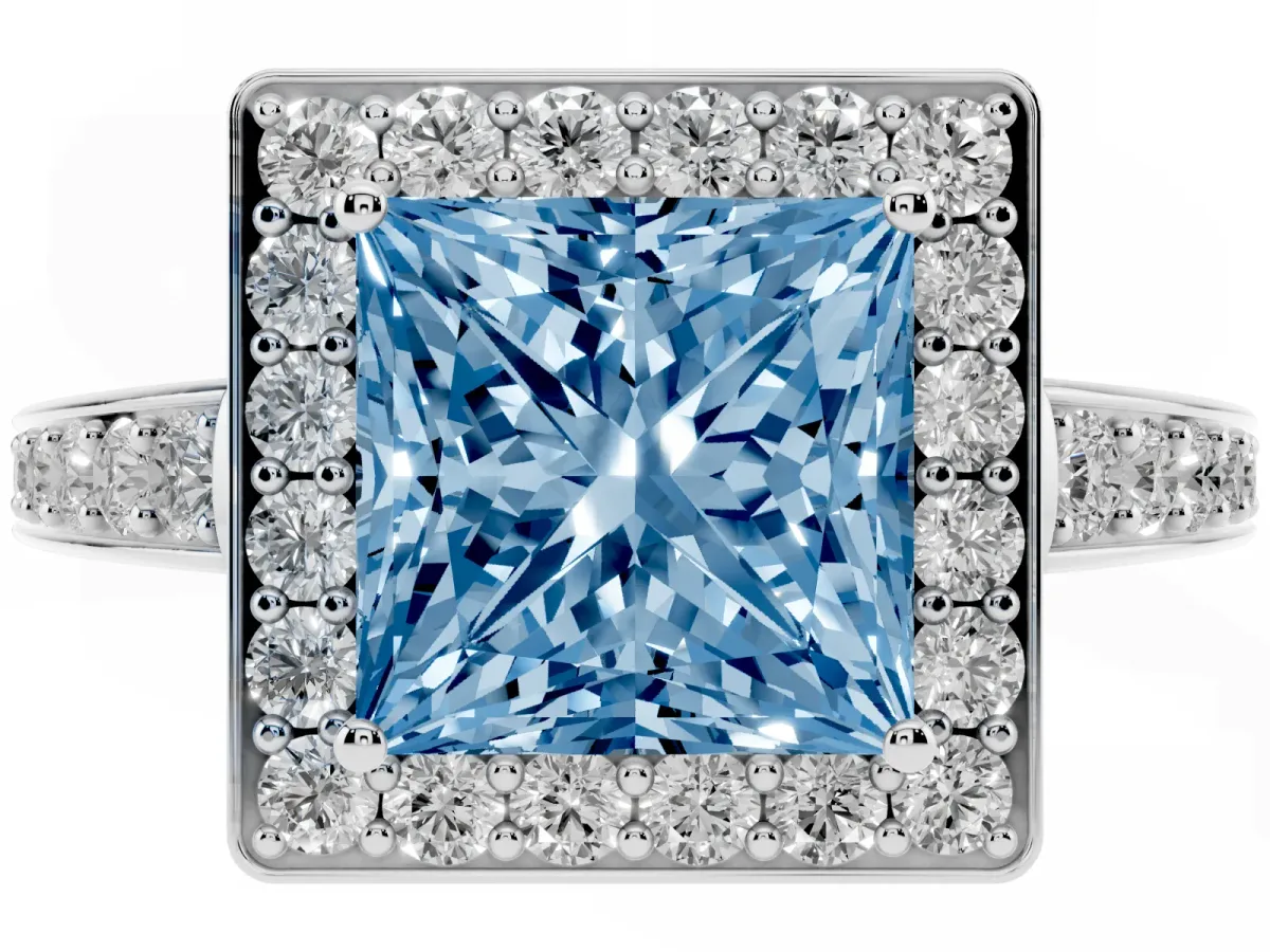 Fancy Blue Princess Cut Halo Pavé Diamond Engagement Ring with Bezel Setting Platinum