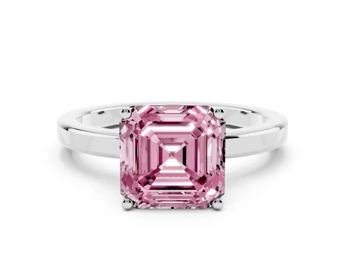 Fancy Pink Asscher Cut Cut Solitaire Engagement Ring with Four-Prong Setting on a Classic Band Silver