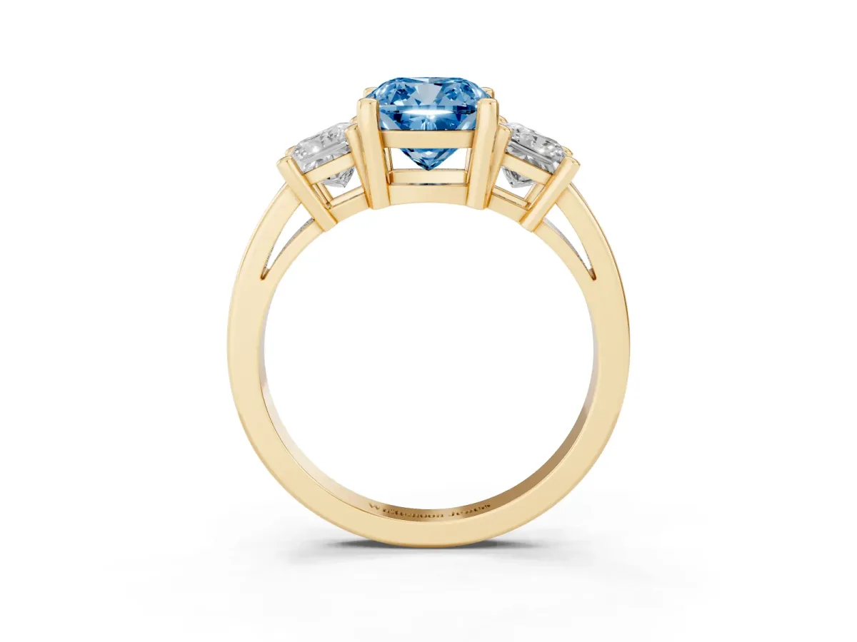 Fancy Blue Three-Stone Cushion Cut Cut Solitaire Ring with Prong Setting Yellow gold