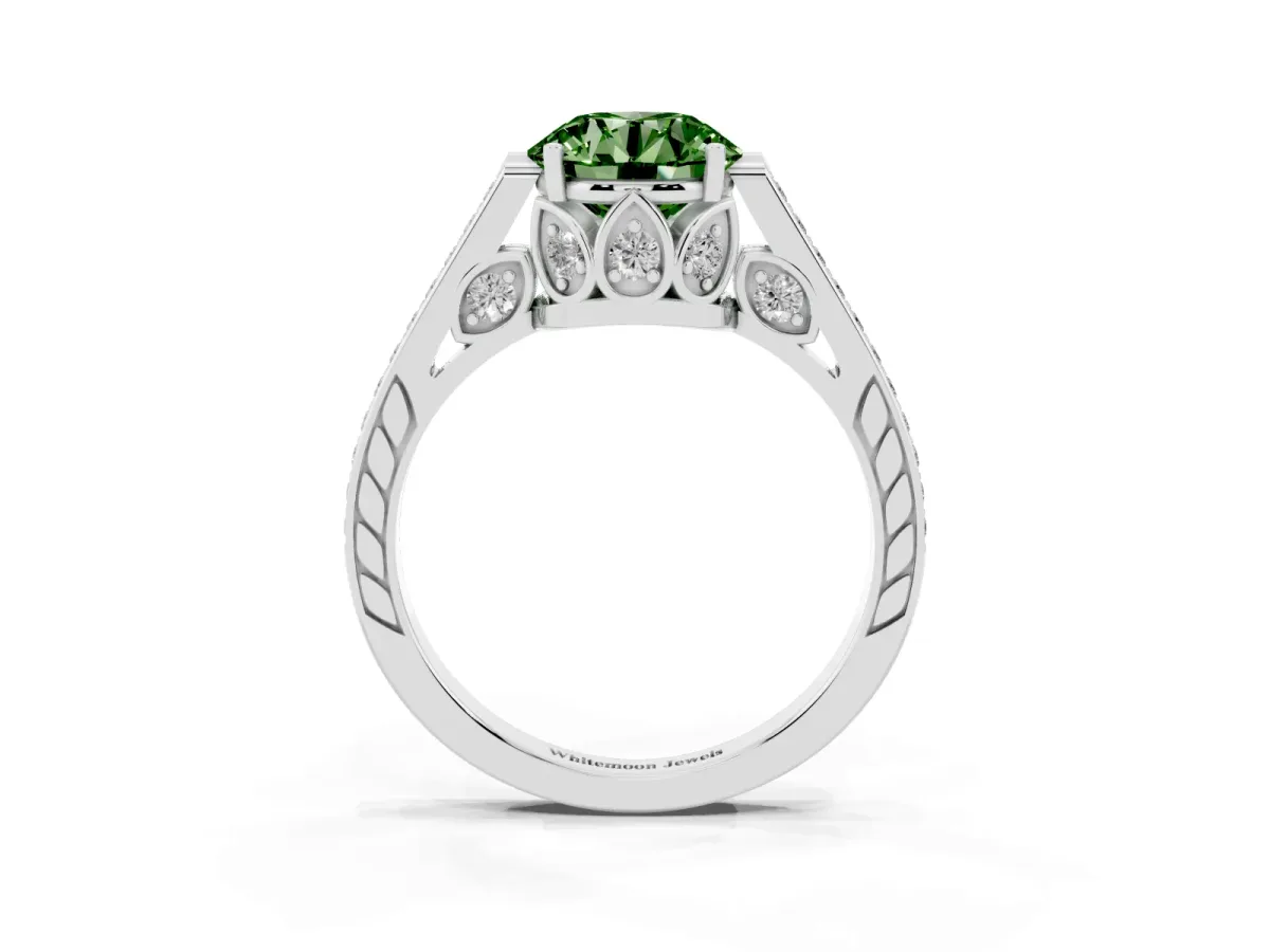 Fancy Green Round Cut Cut Cathedral Pave Diamond Engagement Ring with Six-Prong Setting Silver